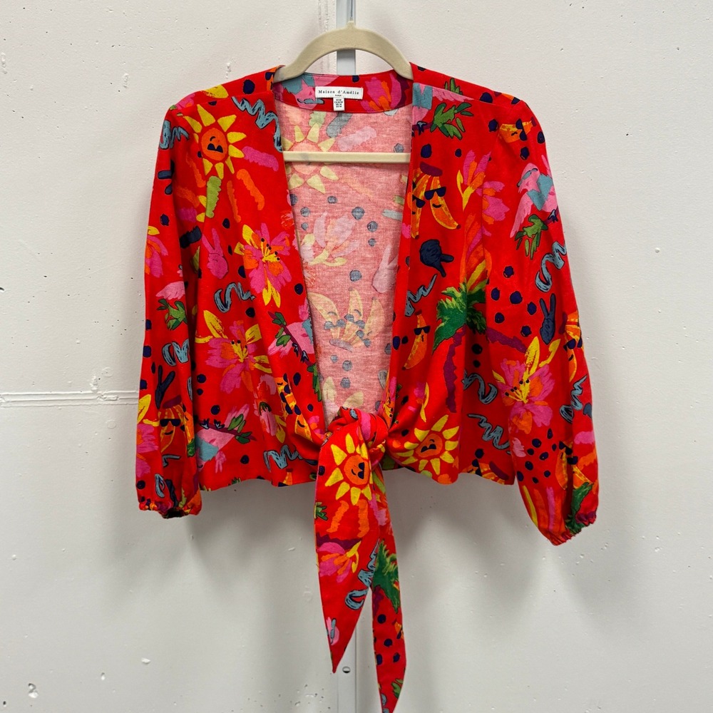 Maison d'Amelie Paris Red Tropical Linen Blend Tie‎ Front Blouse Top Medium Boho